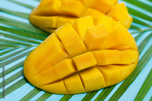 Fresh mango organic product on a palm leaf. Blue background. Close up.