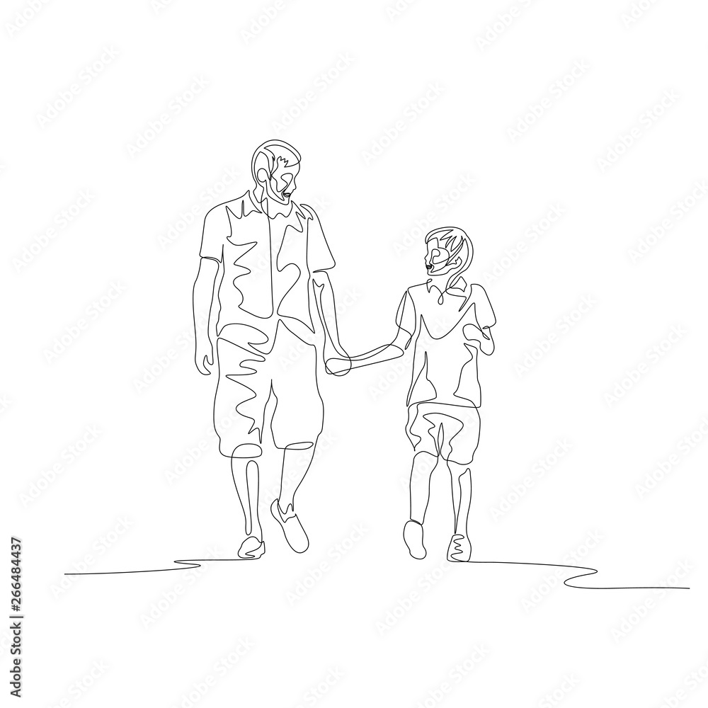 One line father and son walking and chating holding the hands One line father and son walking and chating holding the hands