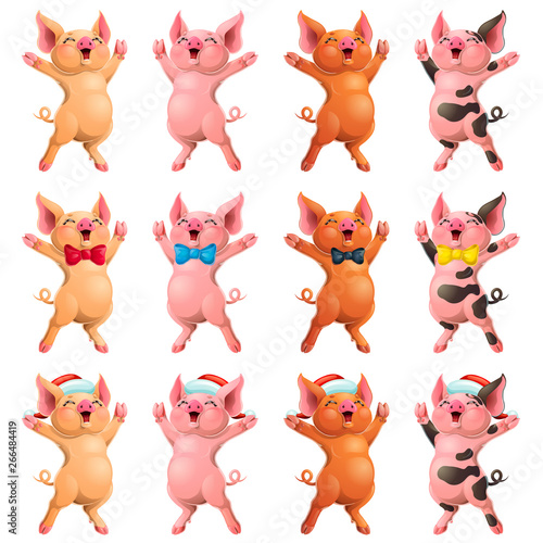 Set joyful pigs with bow and cap on white