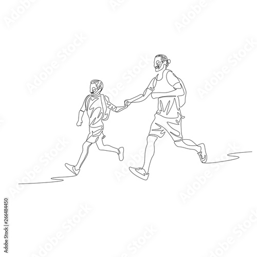 Continuous one line father and son running together holding the hands