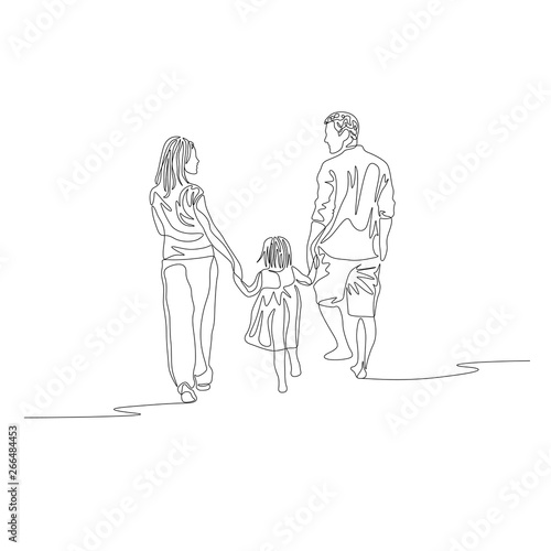Continuous one line family walking together and holding the hands
