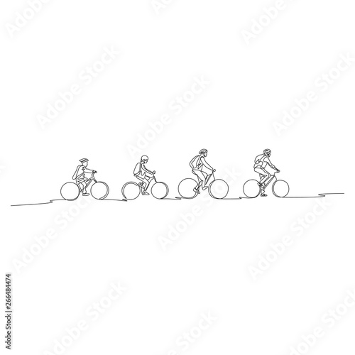 Continuous one line family on bicycles go to walk. Family concept