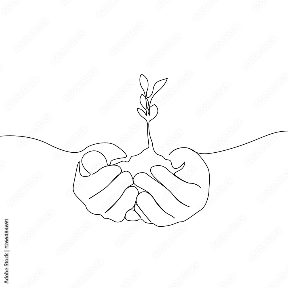 Continuous one line growing sprout in the hands of man, Eco concept