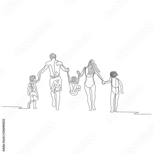 One line happy family walking holding the hands on the beach and swinging son