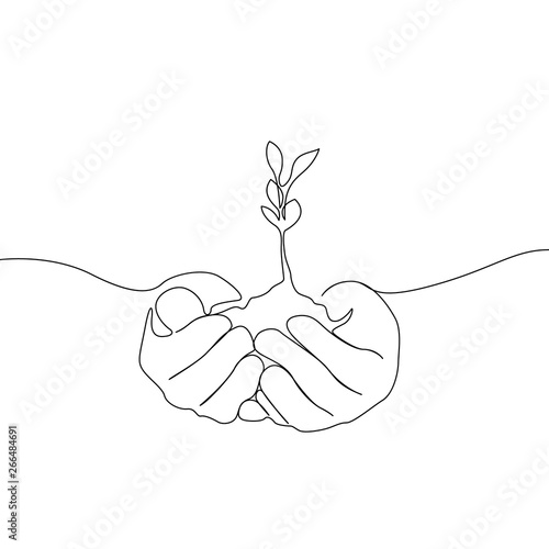 Obraz na płótnie Continuous one line growing sprout in the hands of man, Eco concept w salonie
