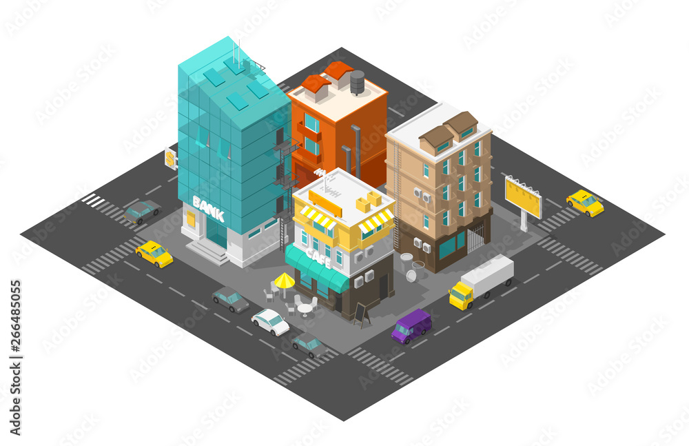 City street cafe and bank. Town district quarter Isometric road 3d. Cars end buildings top view. Vector illustration. City street cafe and bank. Town district quarter Isometric road 3d. Cars end buildings top view. Vector illustration.