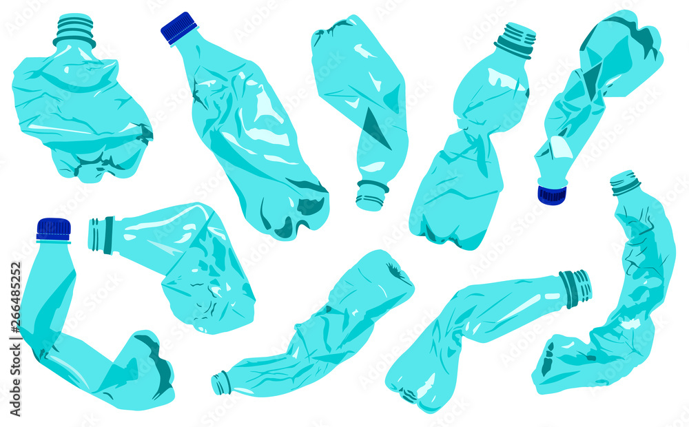 Set of rumpled plastic bottles, Plastic pollution, Ecology problem