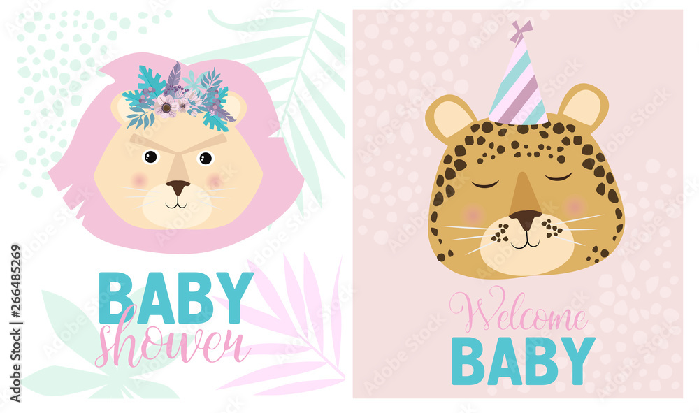 Set of cute cards for Baby Shower with fun animals. Editable vector illustration.