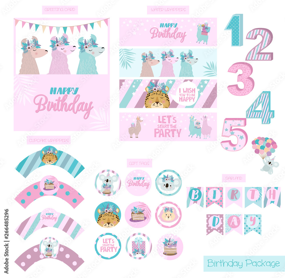 Birthday party package collection with fun animals. Festive set of labels, wrappers, flags, numbers and cards. Editable vector illustration