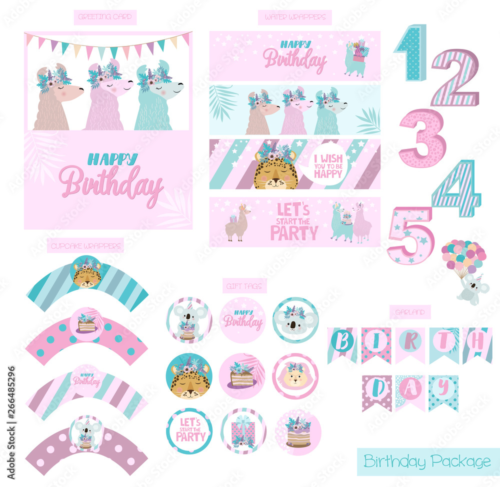 Birthday party package collection with fun animals. Festive set of labels, wrappers, flags, numbers and cards. Editable vector illustration Birthday party package collection with fun animals. Festive set of labels, wrappers, flags, numbers and cards. Editable vector illustration