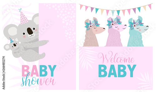 Set of cute cards for Baby Shower with fun animals. Editable vector illustration.