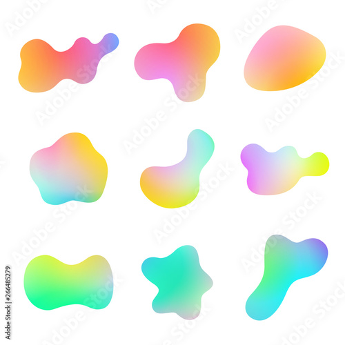 Set of gradient iridescent liquid elements. Holographic chameleon design. Futuristic abstract background, bright colorful paint splash fluid. Vector. EPS 10.