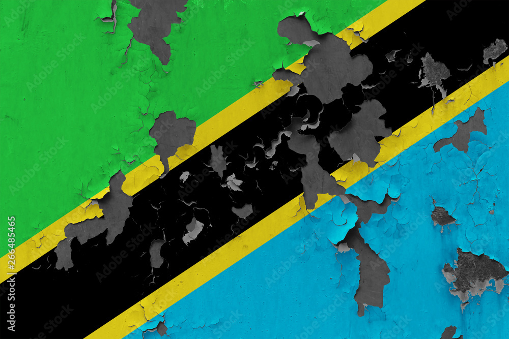 Fototapeta premium Close up grungy, damaged and weathered Tanzania flag on wall peeling off paint to see inside surface.