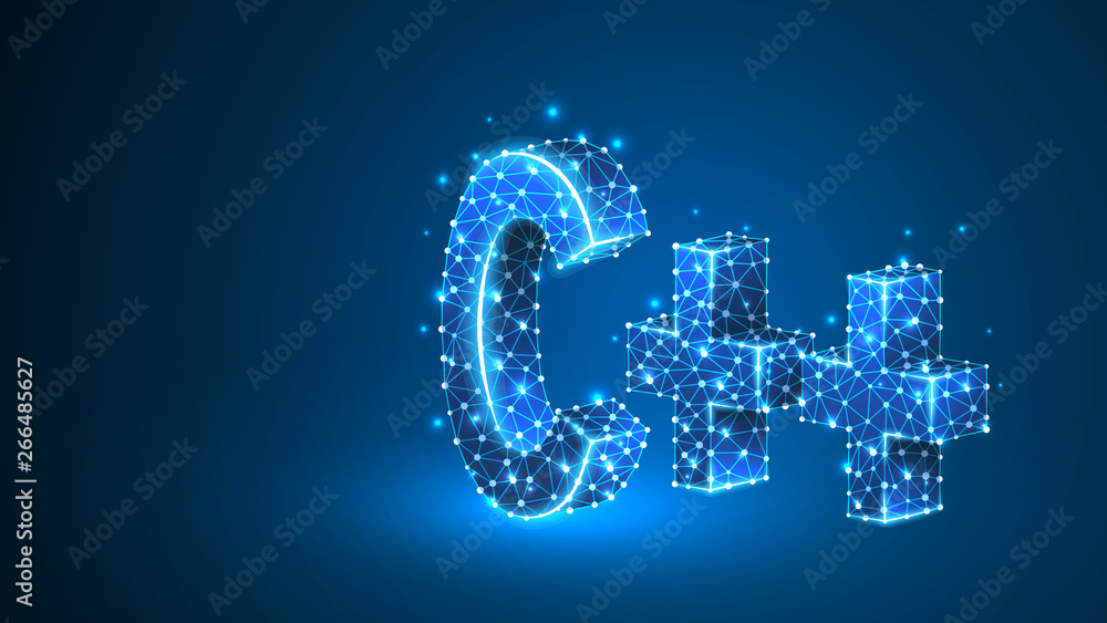 C plus coding language sign. Device, programming, developing concept. Abstract, digital, wireframe, low poly mesh, Raster blue neon 3d illustration. Triangle, line, dot, star