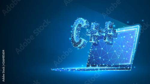 C plus coding language on notebook screen. Device, programming, developing concept. Abstract, digital, wireframe, low poly mesh, vector blue neon 3d illustration. Triangle, line, dot, star