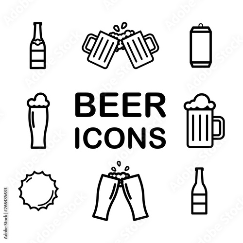 Set of Beer line icons. Alchohol, drink, pint, glass, bottle, can. Vector