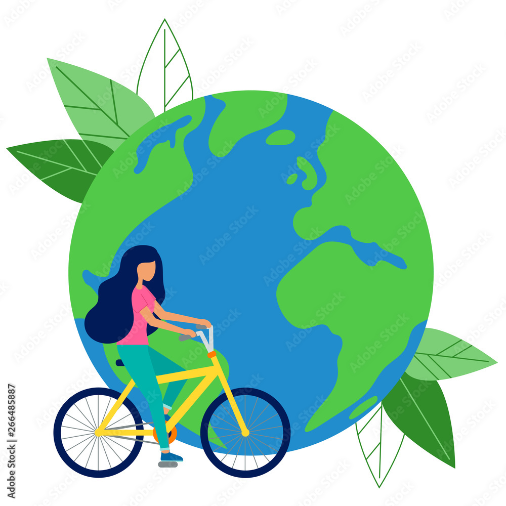 Vector illustration save energy. Woman rides on bicycle. Save the 