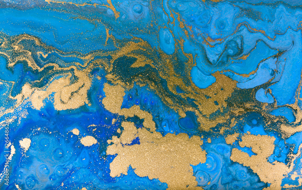 Blue marbling pattern. Golden marble liquid texture. Blue marbling pattern. Golden marble liquid texture.