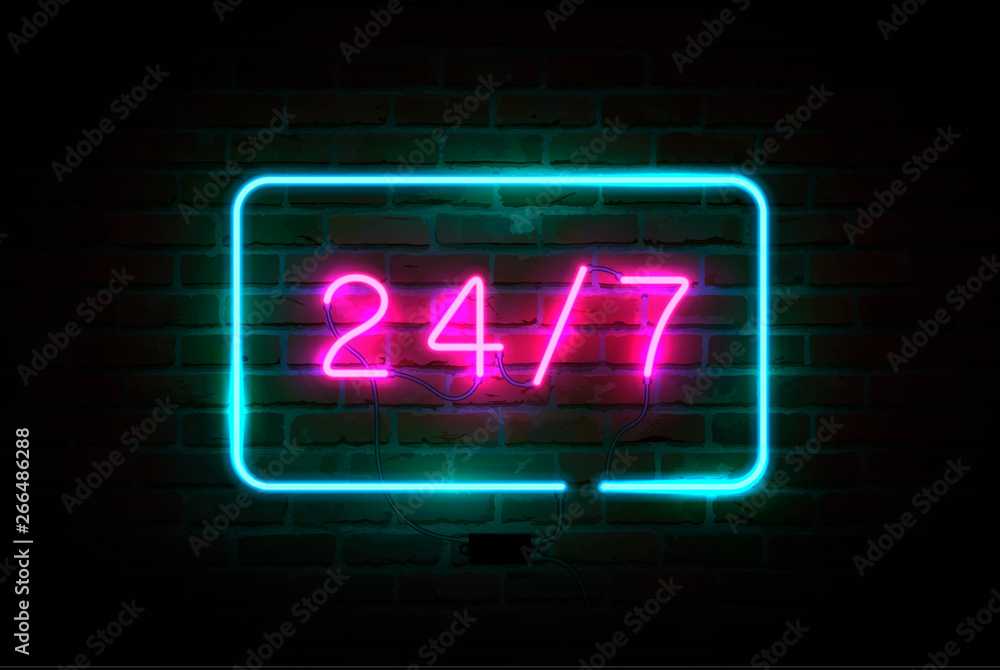 Pink glowing neon signboard 24 on 7, Blue rectangular neon frame. Vector illustration. Pink glowing neon signboard 24 on 7, Blue rectangular neon frame. Vector illustration.