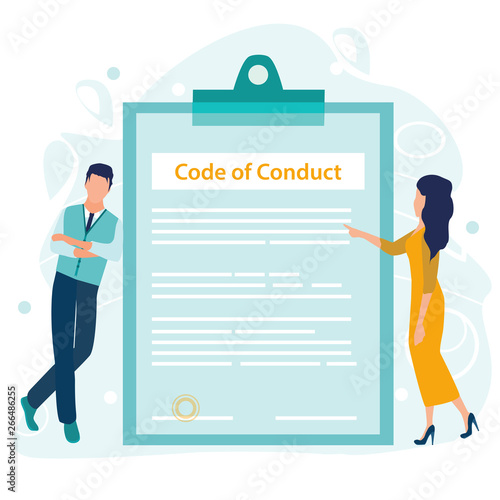 Code of Conduct. Business ethics. Business man and woman looking on a document on a clipboard paper. Concept of ethical integrity value and ethics. Vector illustration in a flat cartoon style.