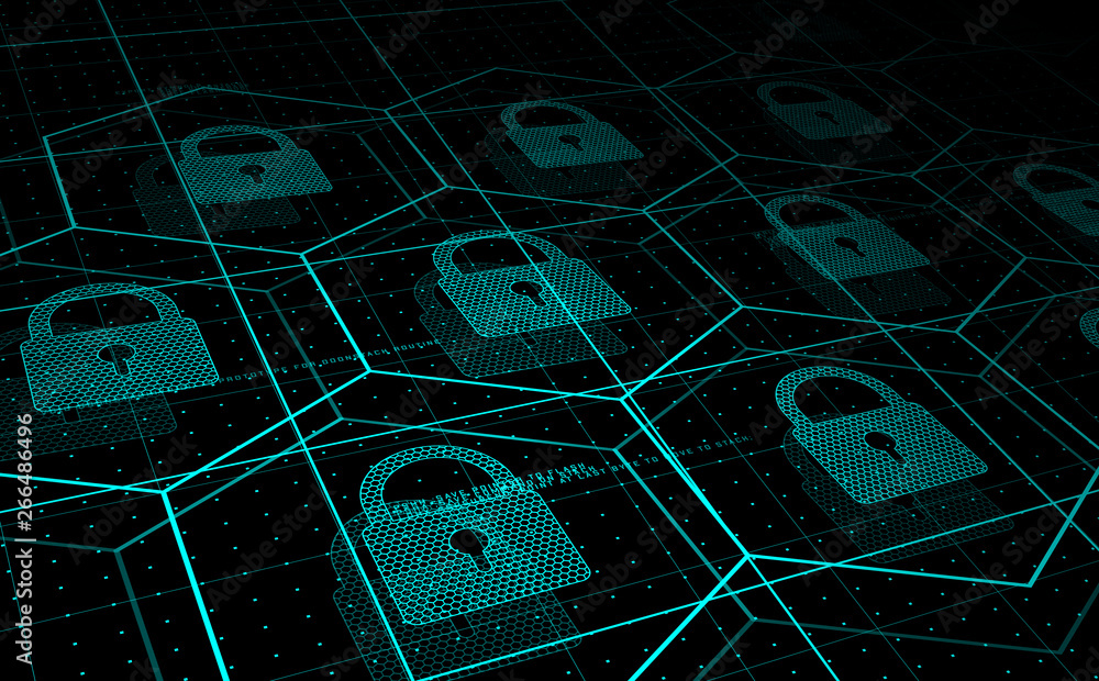 Cyber security, information security. HUD blue hexagons and padlocks, futuristic background. Vector illustration.