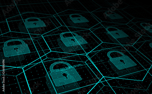 Obraz na płótnie Cyber security, information security. HUD blue hexagons and padlocks, futuristic background. Vector illustration. w salonie
