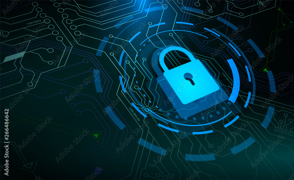 Access control, Blue padlock and HUD circle elements on microchip background. Side view. Cyber security and information concept. Vector illustration.