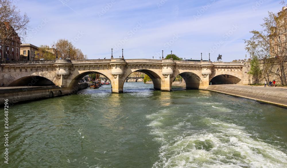 The oldest standing bridge ( Pont Neuf ) across the River Seine in Paris France. April 2019
