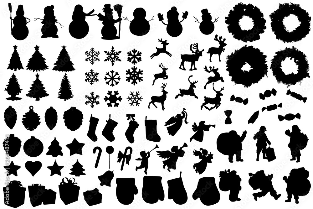 Fototapeta premium Set of winter and christmas silhouettes. Christmas collection. Clip art for banner, flyer, business, card, poster. Vector.