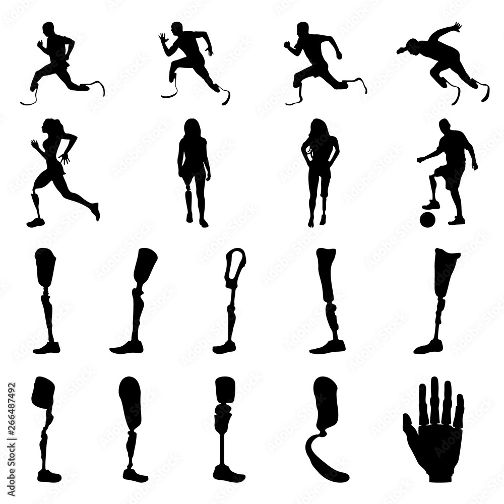 Silhouettes of amputee people with artificial limb. Silhouettes of prosthetic legs and arms. Vector.