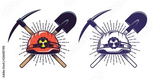 Mining logo with helmet pick and shovel in retro vintage style. Miner hardhat and tools.