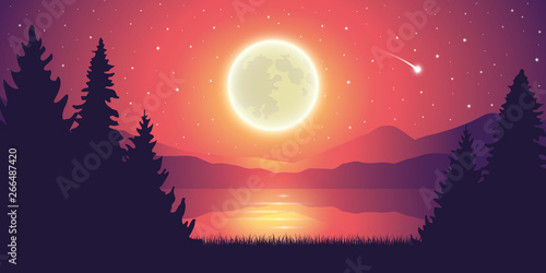 romantic full moon and falling stars by the lake landscape vector illustration EPS10