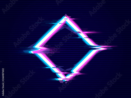 Rhombus  with Glitch effect. Distorted glitch style modern background. Glow design for banner, poster, card, flyer, brochure. Vector illustration.