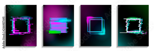 Set of Glitch squares with neon effect. Distorted shapes. Vector illustration with geometrical figures. Design for business and gift cards, invitations, covers, banners, flyers, posters.