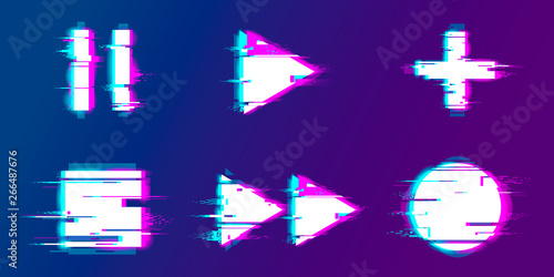 Glitch play, pause, record, play buttons.  Set of abstract minimal template design for branding, advertising, modern background cover posters, banners, flyers, placards.