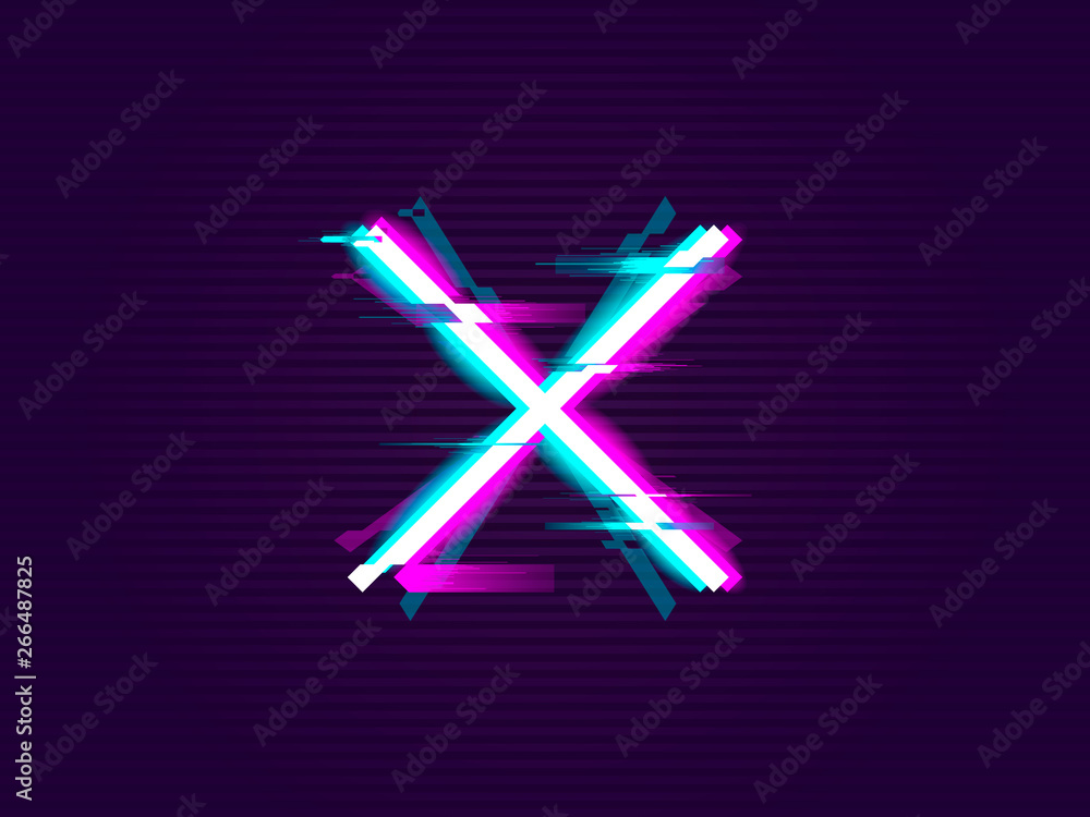 Glitched cross or X Design. Distorted Glitch Style. Glow Design for Graphic Design - Banner, Poster, Flyer, Brochure, Card. Vector Illustration.