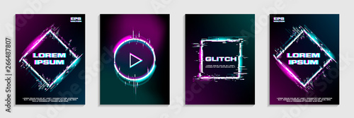 Brochure template layout design with glitch and neon effecnt for business and gift cards, invitations, covers, banners, flyers, posters