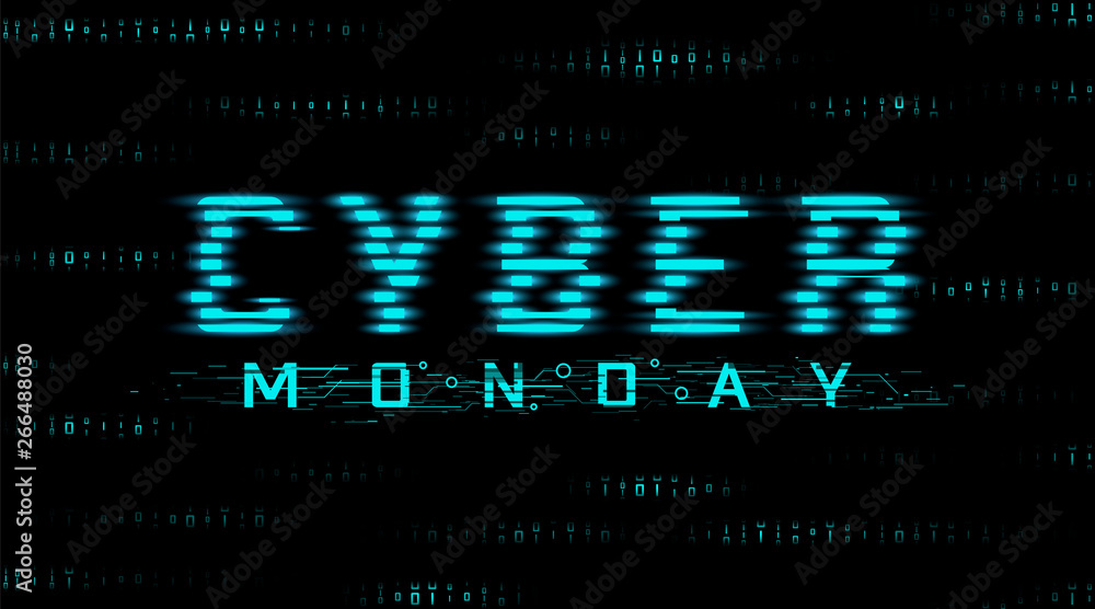 Cyber monday sale banner. Hud style, glitch effect. Binary code background. Vector.