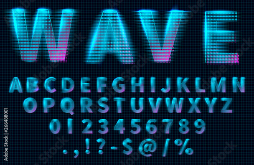 Futuristic retrowave font. HUD hologram letters, numbers and symbols, synthwave and retrowave music