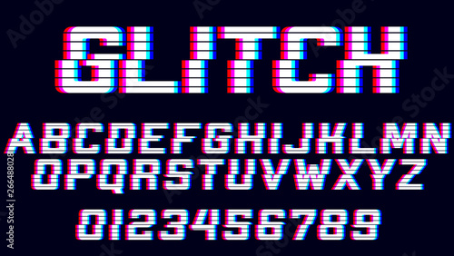 Glitch alphabet. Font with distortion effect.  Letters and numbers for electronics sale. Glitch effect. Blue and red channels.
