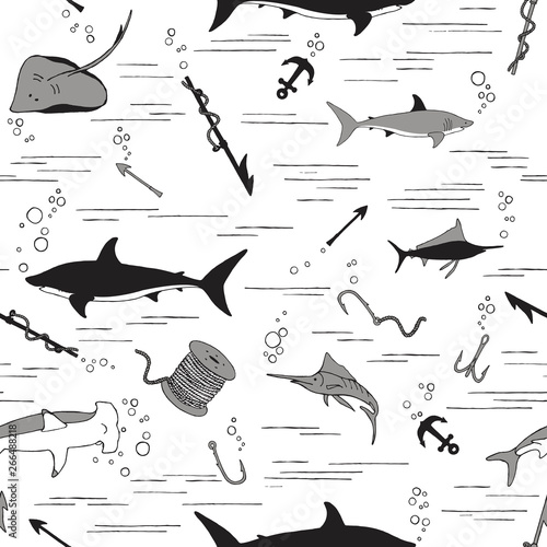 Seamless pattern with fishes and fishing gear on a white background.