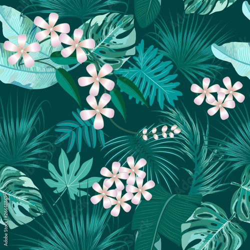 Vector tropical seamless pattern in Quetzal Green colors.