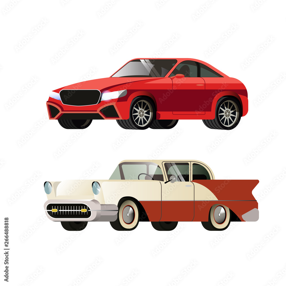Red sport and retro car. Vector illustration set, flat design. Isolated object on white background.
