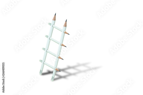 Business Idea Concept   White pencil ladder with shadow isolated on white background.