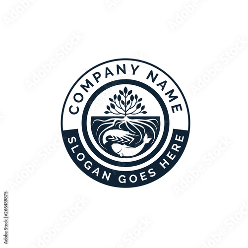 hydroponics emblem logo design with trees and roots inside water with shrimp and fish