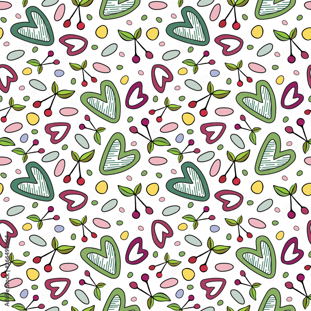 Seamless pattern with cherry and heart romantic elements. Seamless pattern with cherry and heart romantic elements.