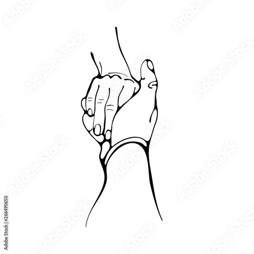 Follow me. Woman leading a man by the hand. Outline digital illustration