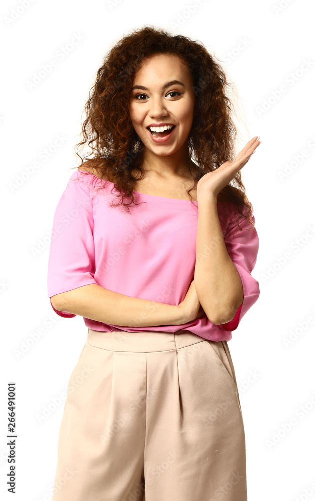 Happy young woman on white background Happy young woman on white background