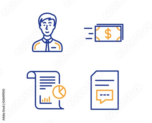 Businessman person, Money transfer and Report icons simple set. Comments sign. Male user, Cash delivery, Work analysis. Document with speech bubble. Business set. Linear businessman person icon