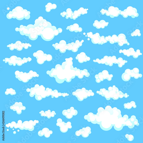 Set of cartoons clouds in different shapes isolated on blue background. Vector illustration in flat design.